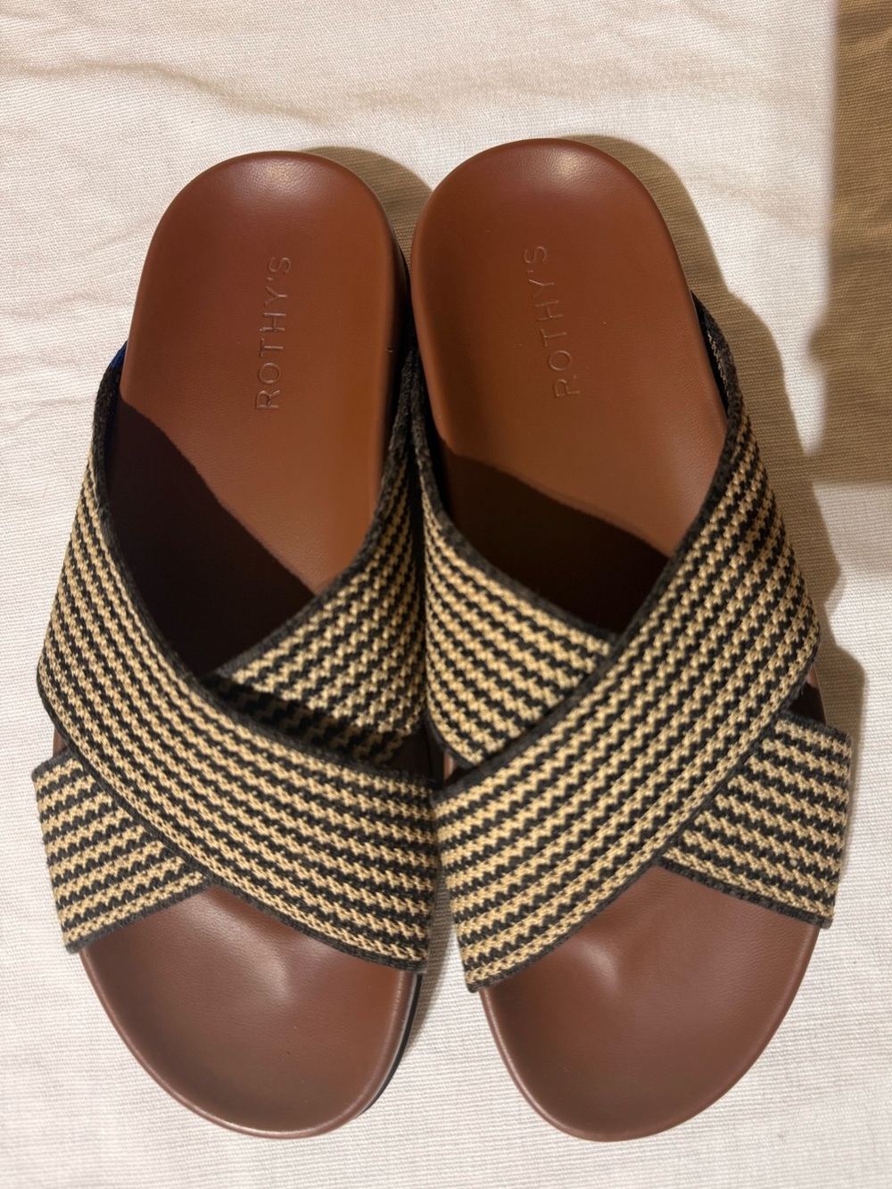 Rothy's Brown Footbed with Black & Natural Woven Crossband Slides